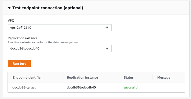 Image&nbsp;: boîte de dialogue de connexion du point de terminaison de test pour la AWS DMS cible affichant deux menus déroulants, un bouton de test et une liste des tests exécutés.