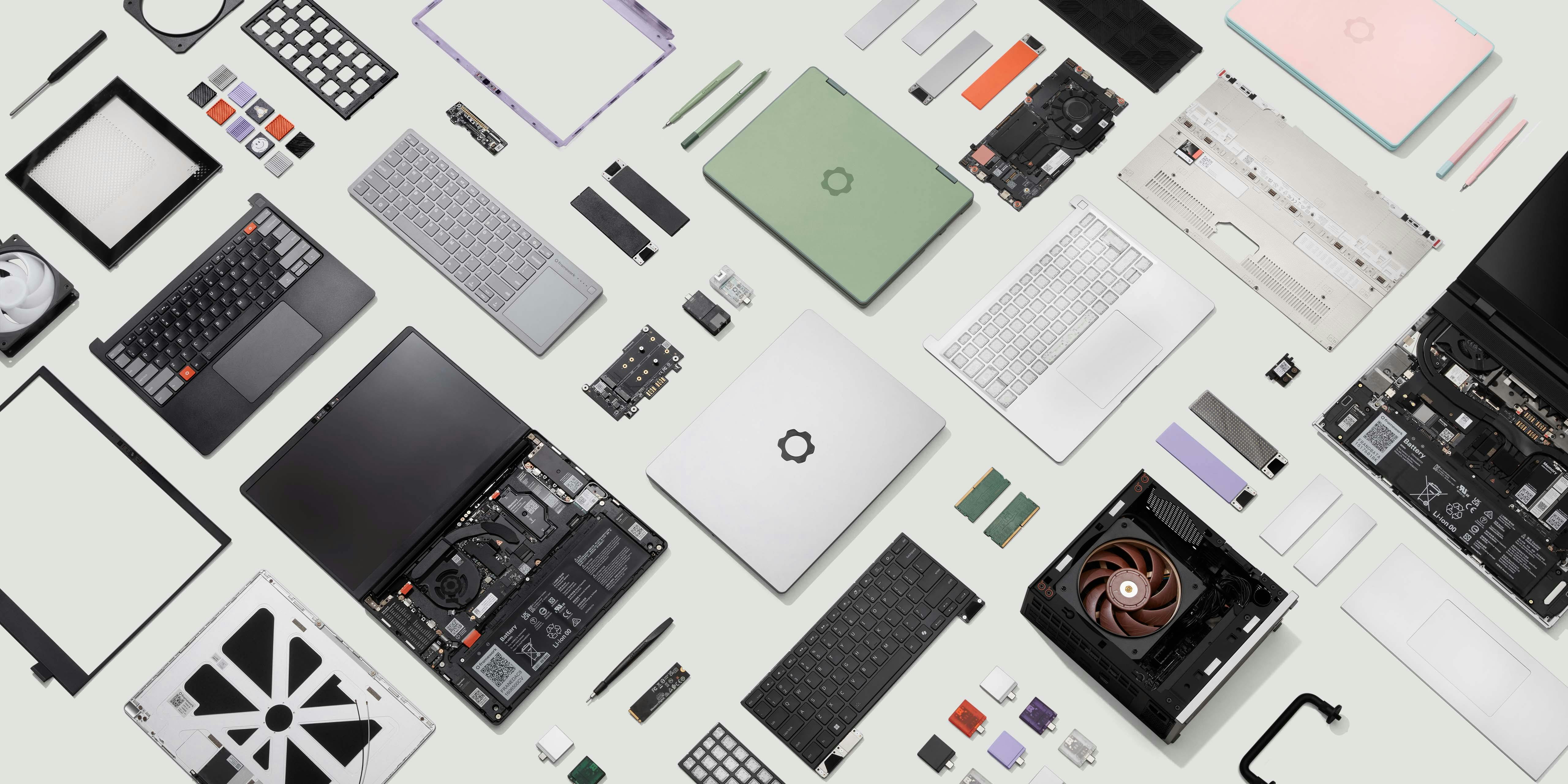 Different Framework products and parts arranged in a grid.
