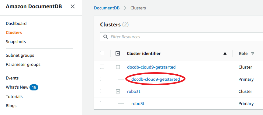 Tabel cluster menunjukkan daftar cluster di bawah kolom pengenal Cluster, dengan instance bersarang di dalam cluster.