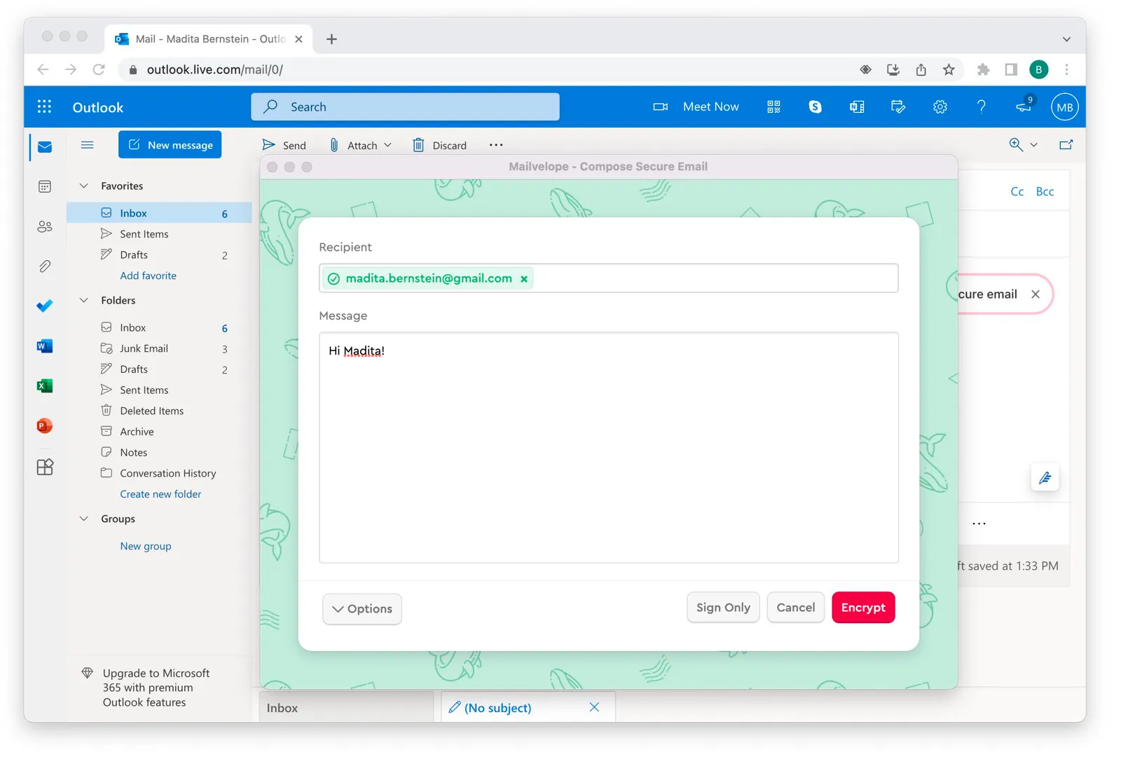 Mailvelope Editor floating on Outlook.com Interface