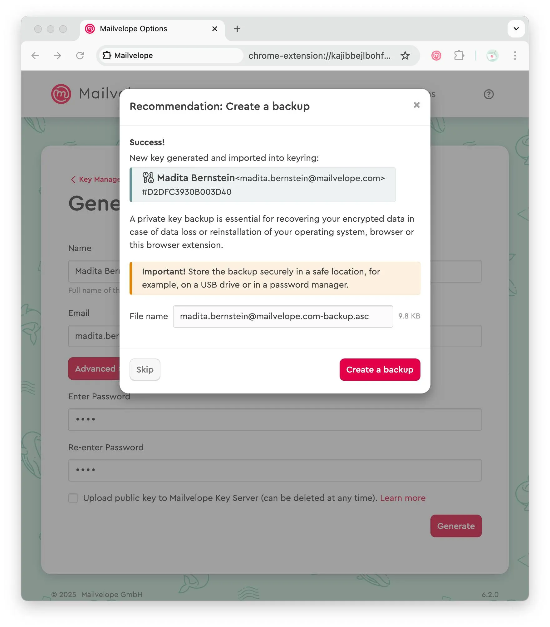 Mailvelope generated a new key
