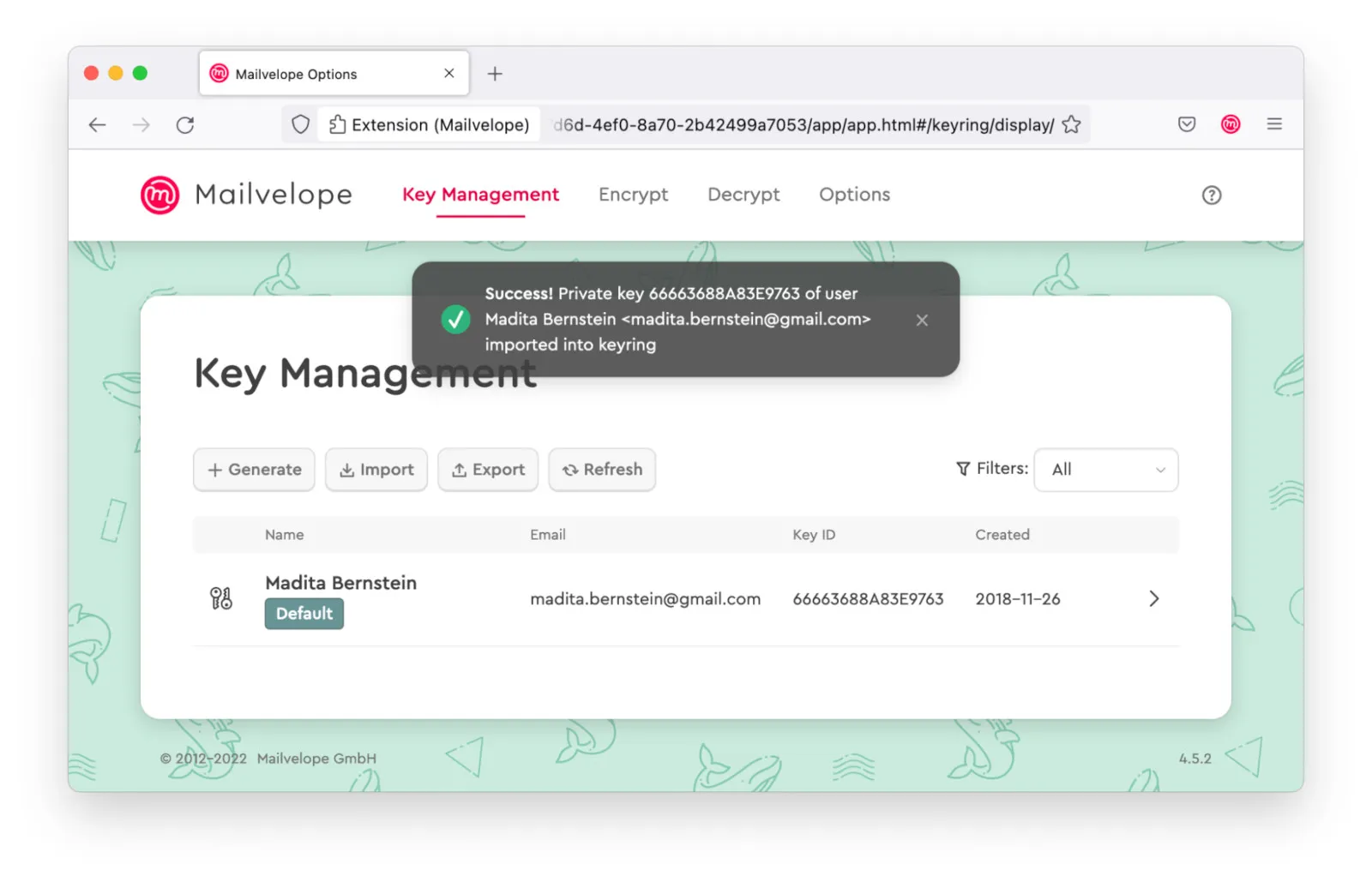 Sucess. Mailvelope imported a key i