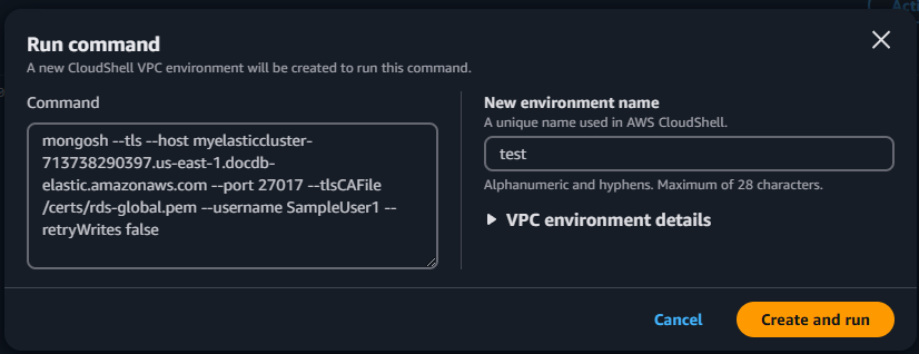 Cluster cluster CloudShell Run: schermata di comando che richiede un nuovo nome di ambiente