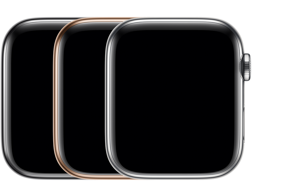 Tres modelos de acero inoxidable de Apple&nbsp;Watch Series&nbsp;5 (GPS + celular) uno al lado del otro en todos los colores disponibles