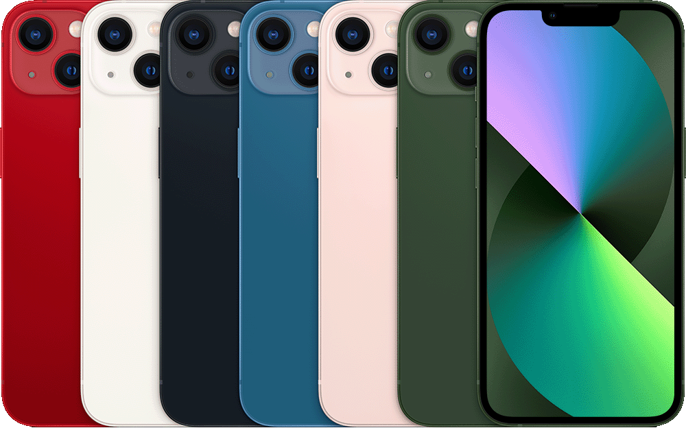 The backs of several iPhone devices, side by side, in all available colors, followed by the front of one.