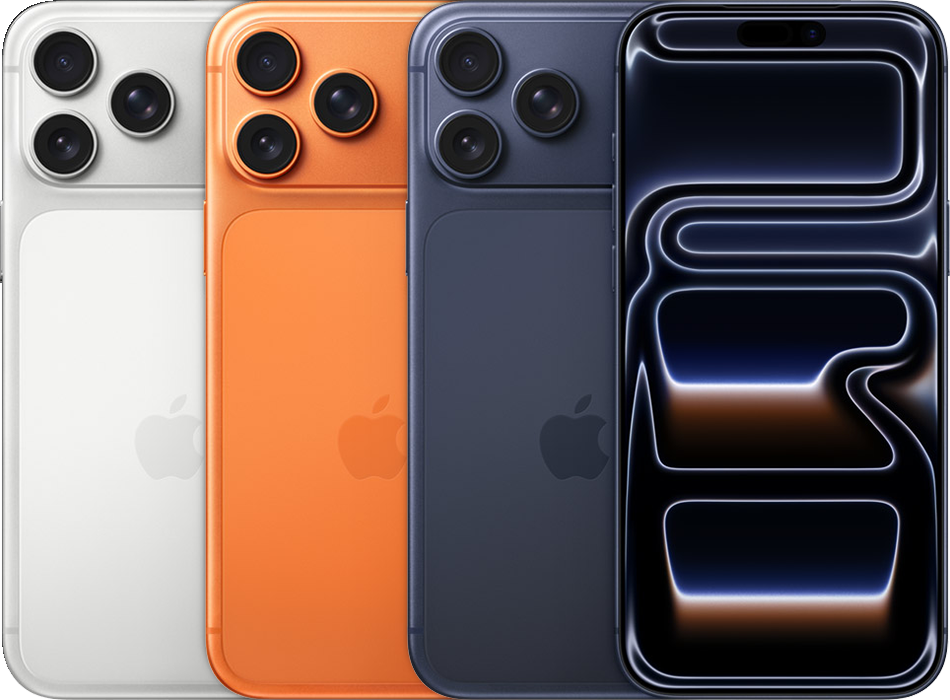The backs of several iPhone devices, side by side, in all available colors, followed by the front of one.