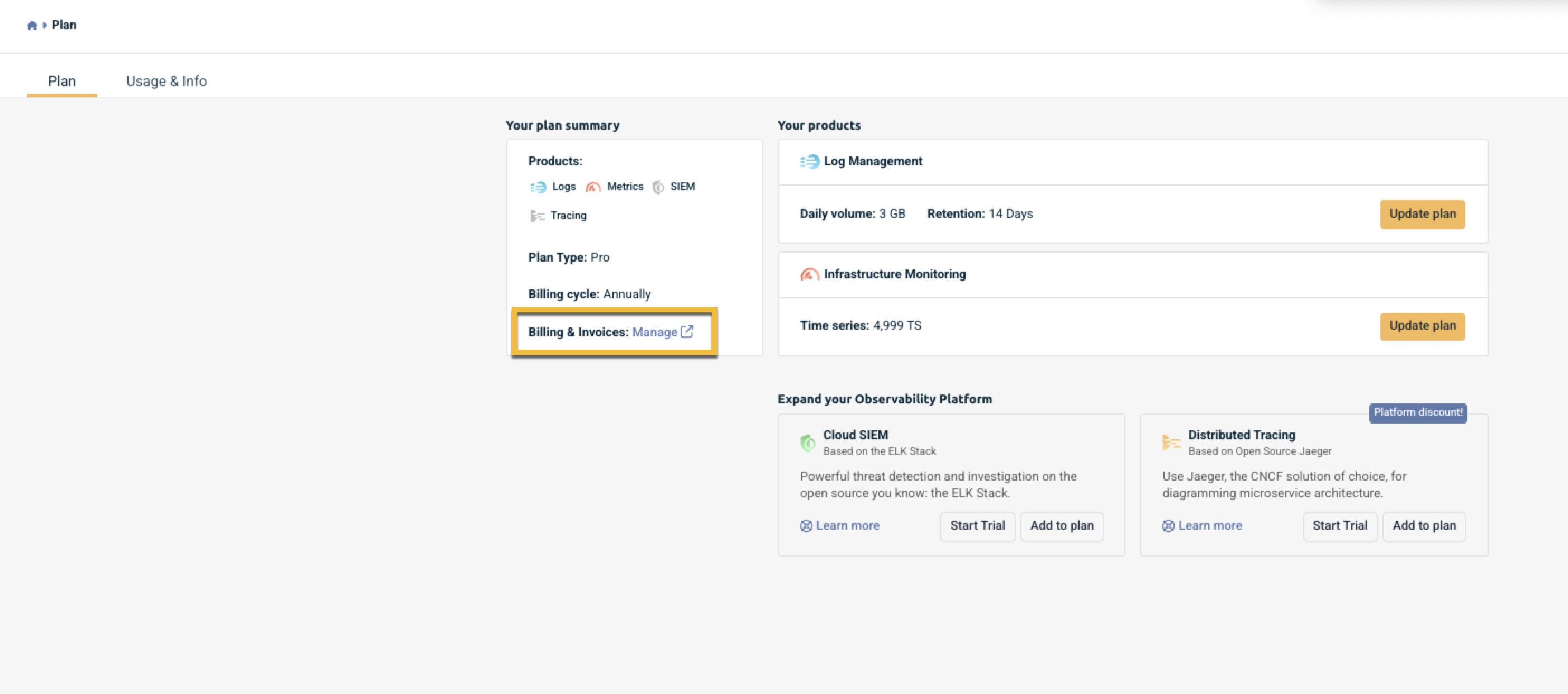 plan and billing page