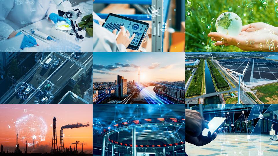 Nine images in a grid invoke cutting-edge technologies in bioscience, communications, energy, navigation and other fields.