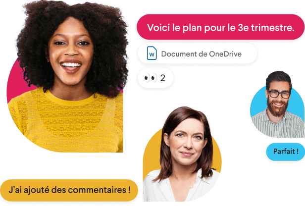 Deux collaborateurs qui discutent, entourés de messages Slack stylisés et d’une main recréant l’émoji pouce levé