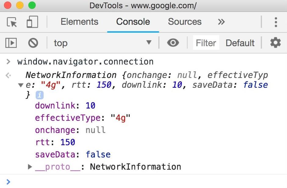 Console Chrome DevTools che mostra i valori delle proprietà dell'oggetto navigator.connection