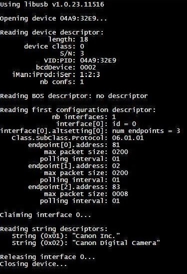 Captura de tela da saída de depuração do libusb em uma página da Web, mostrando informações sobre a câmera Canon conectada
