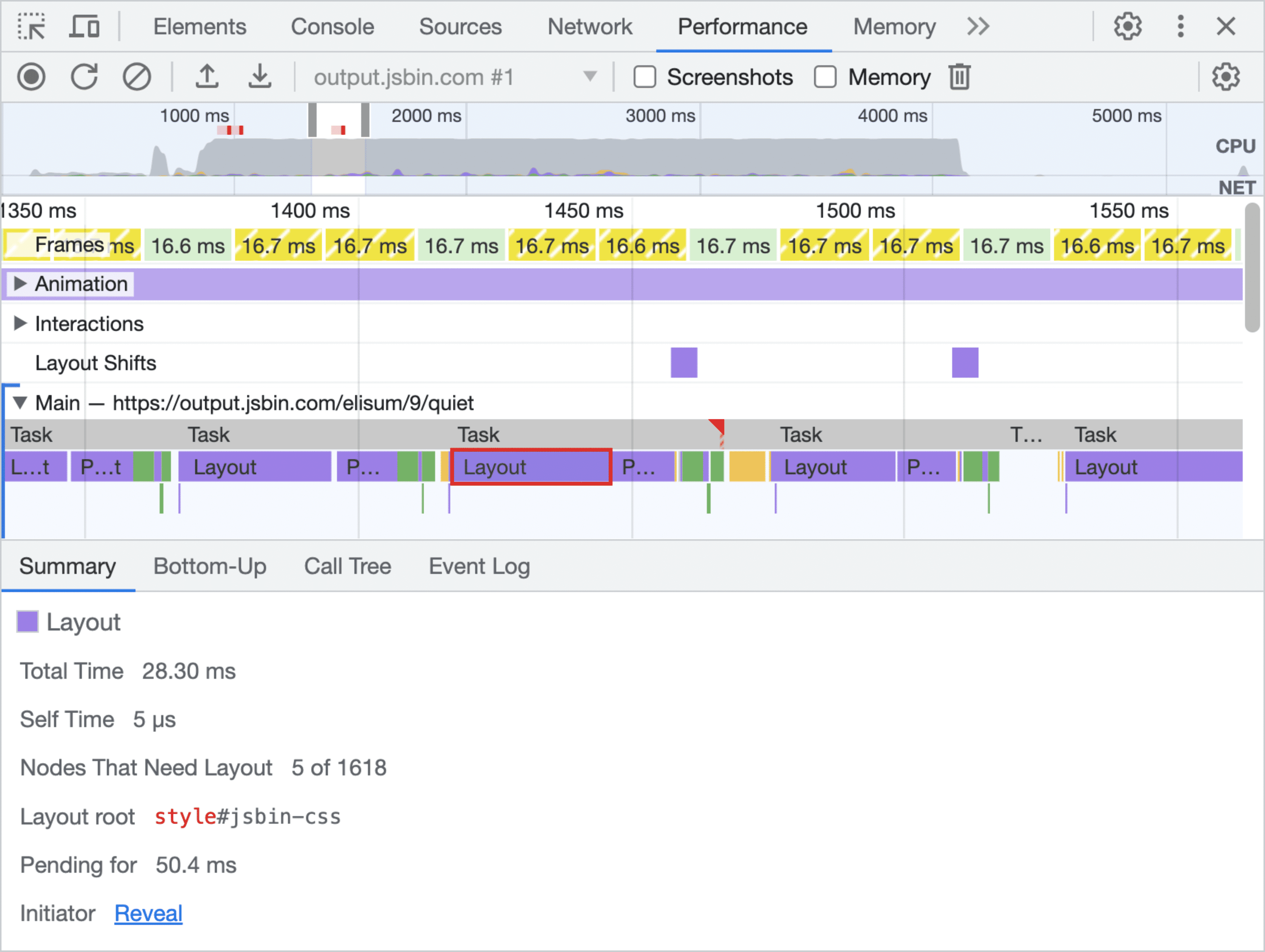 DevTools mostra più blocchi di layout viola.