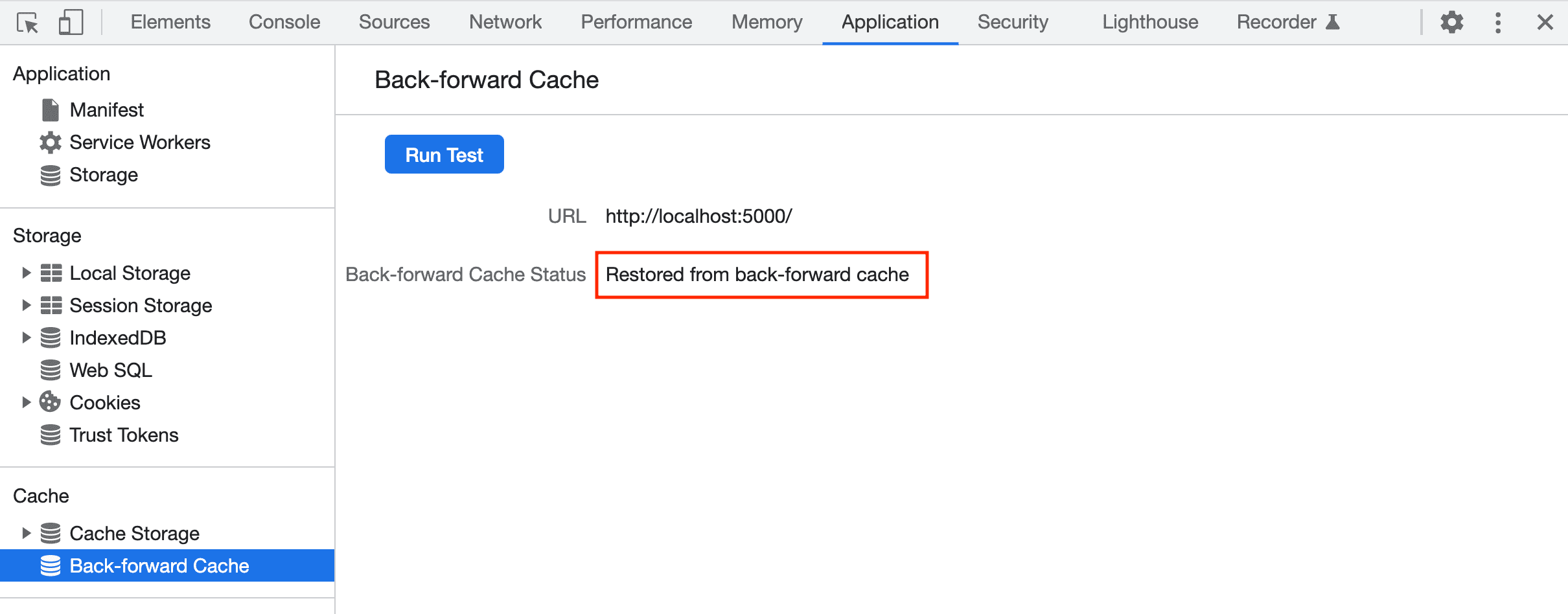 เครื่องมือสำหรับนักพัฒนาเว็บรายงานว่ากู้คืนหน้าเว็บจาก bfcache เรียบร้อยแล้ว