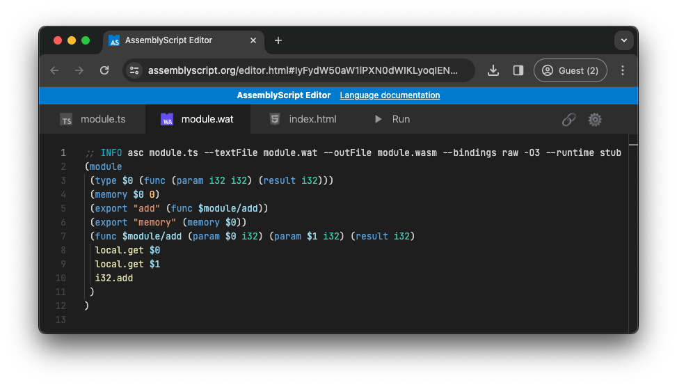 前の例に基づいて生成された WebAssembly コードを示す AssemblyScript プレイグラウンド。