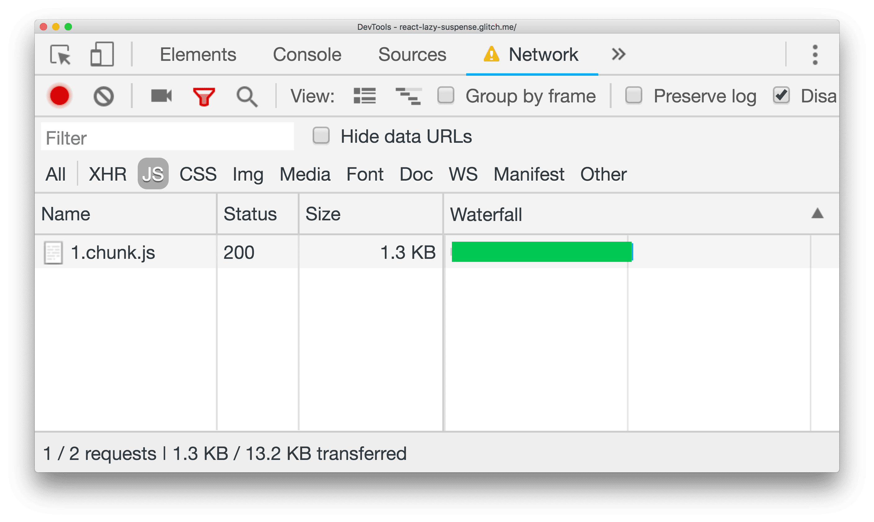 DevTools-Netzwerkbereich mit einer chunk.js-Datei, die heruntergeladen wird