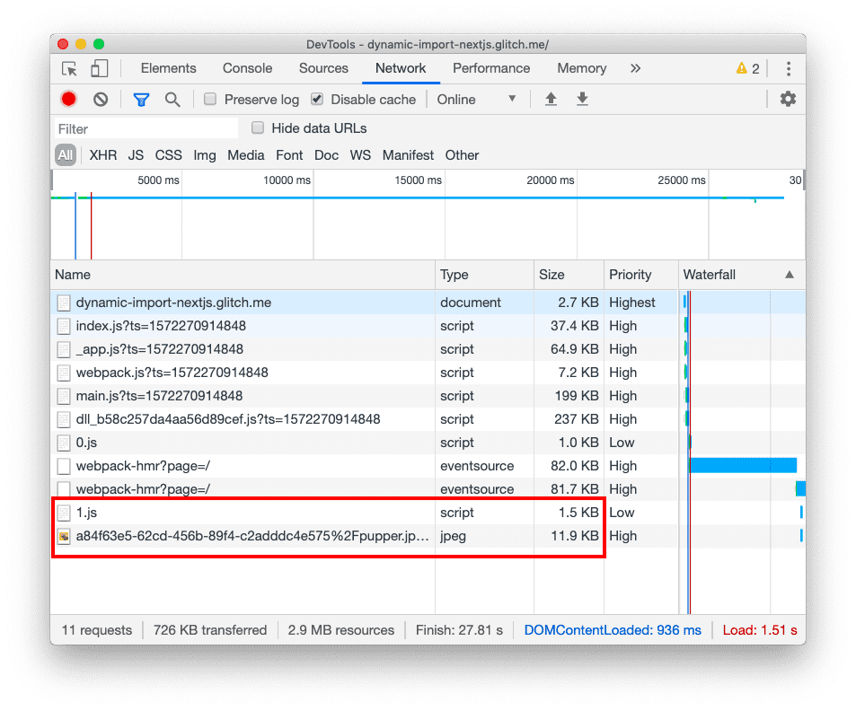 ボタンをクリックした後の DevTools の [ネットワーク] タブ。追加された 1.js ファイルと、ファイルリストの下部に追加された画像が表示されています。