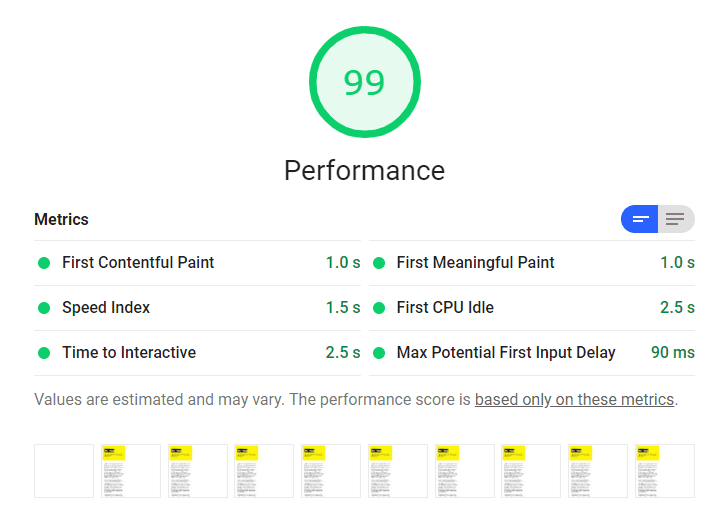 Audit Lighthouse che mostra un FCP di 1 secondo e un punteggio di rendimento pari a 99.
