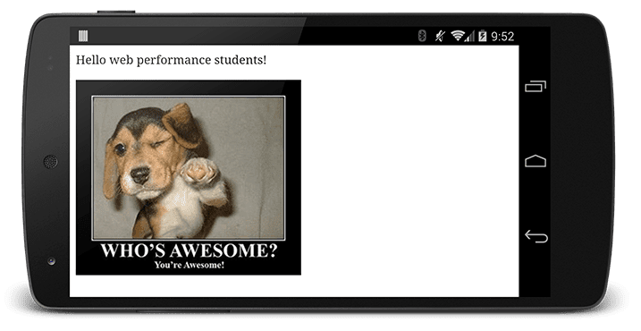 Wyrenderowana strona z&nbsp;napisem „Hello web performance students!” (Cześć, studenci wydajności stron internetowych!) i&nbsp;memem z&nbsp;uroczym psem, który mówi, że jesteś świetny.