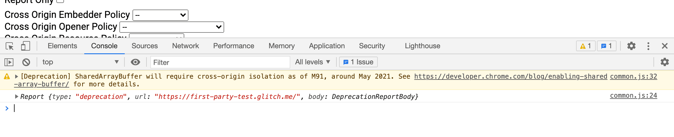 هشدار کنسول DevTools هنگام استفاده از SharedArrayBuffer بدون ایزولاسیون بین مبدائی.