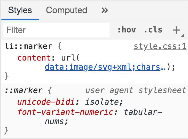 DevTools sind geöffnet und zeigen Stile aus dem User-Agent und den Nutzerstilen an.