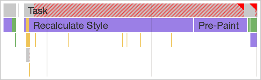 Chrome DevTools の [パフォーマンス] パネルで、過剰なレンダリング作業によって発生した長いタスクのスクリーンショット。長いタスクのコールスタックには、ページのスタイルの再計算と事前ペイントにかなりの時間が費やされていることが示されています。