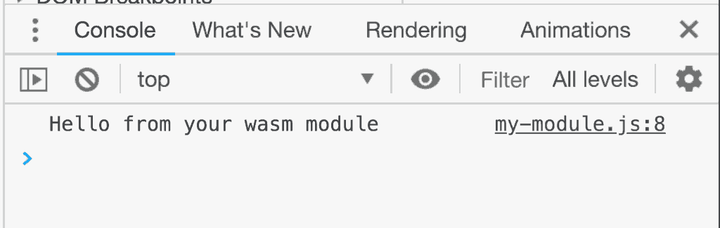 C++ ve Emscripten aracılığıyla yazdırılan bir mesajı gösteren Geliştirici Araçları.