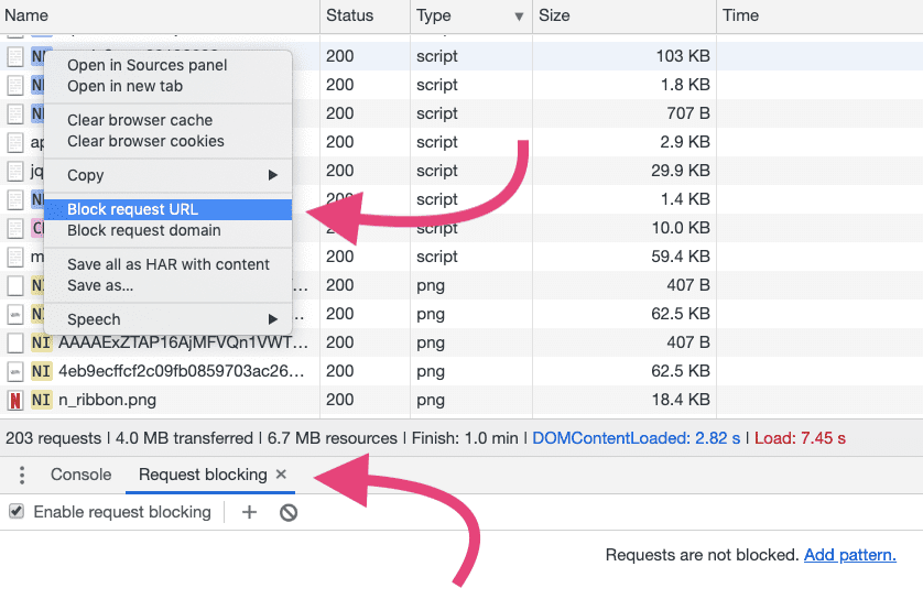 Chrome DevTools के परफ़ॉर्मेंस पैनल में मौजूद संदर्भ मेन्यू का स्क्रीनशॉट. 'अनुरोध यूआरएल ब्लॉक करें' विकल्प हाइलाइट किया गया है.