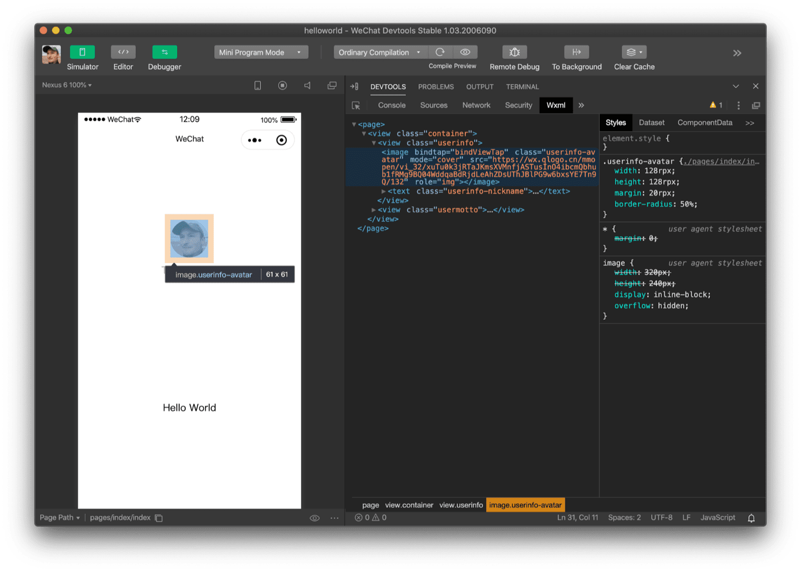 WeChat DevTools의 'Wxml' 패널로 이미지를 검사합니다. 사용 중인 태그가 `image` 태그임을 보여줍니다.