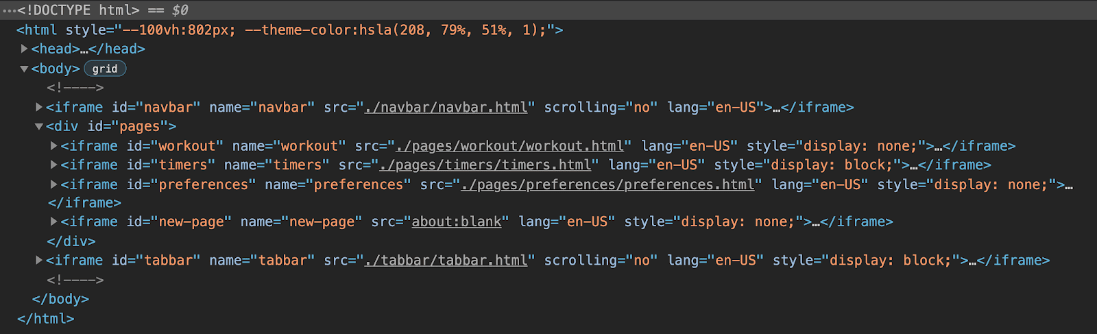 نمای Chrome DevTools از ساختار HTML برنامه که نشان میدهد از شش iframe تشکیل شده است: یکی برای نوار ناوبری، یکی برای نوار تب و سه iframe گروهبندی شده برای هر صفحه از برنامه، به همراه یک iframe برای نمایش نهایی صفحات پویا.