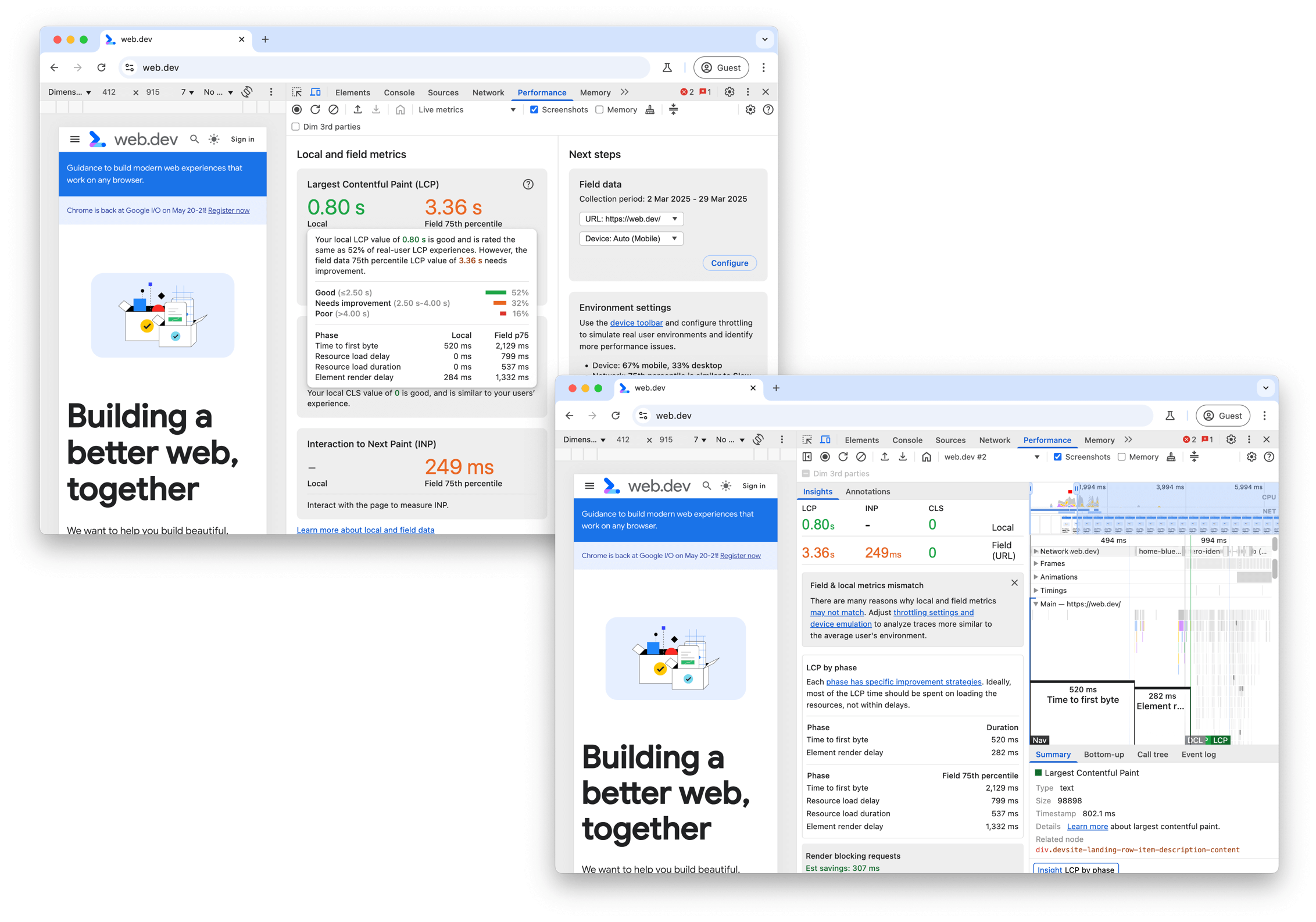Lokalny i&nbsp;terenowy LCP w&nbsp;panelu Wydajność w&nbsp;Narzędziach deweloperskich w&nbsp;Chrome