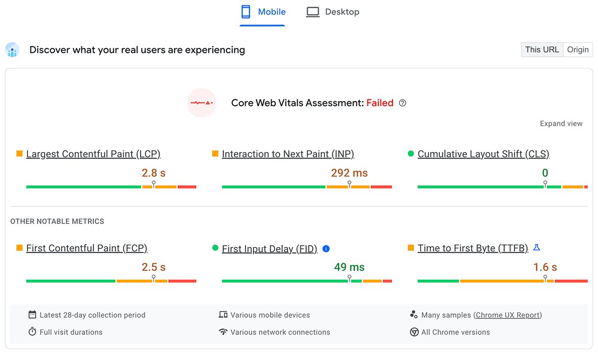 PageSpeed&nbsp;Insights inclut des données de terrain pour la métrique TTFB.