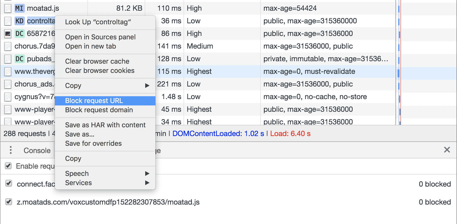 DevTools ağ panelinden istek URL'lerini engelleme