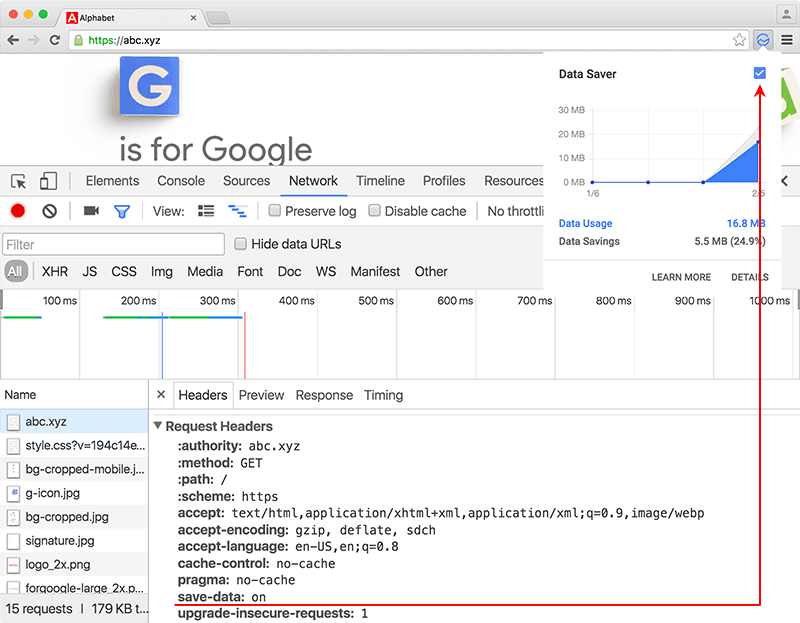 L'intestazione
Save-Data visualizzata negli Strumenti per sviluppatori di Chrome insieme all'estensione
Risparmio dati.