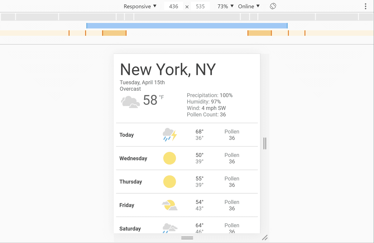 DevTools con la nostra app meteo aperta e una larghezza di 436 pixel selezionata.