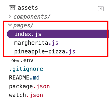 Thư mục pages chứa 3 tệp: index.js, margherita.js và pineapple-pizza.js.