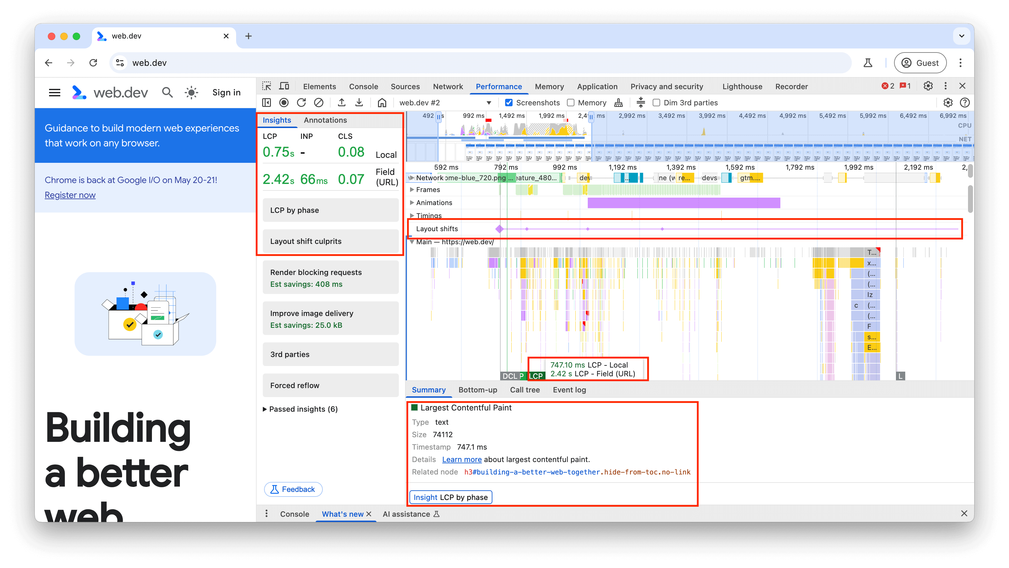 긴 작업이 강조 표시된 불꽃 차트를 보여주는 Chrome DevTools 성능 패널 트레이스