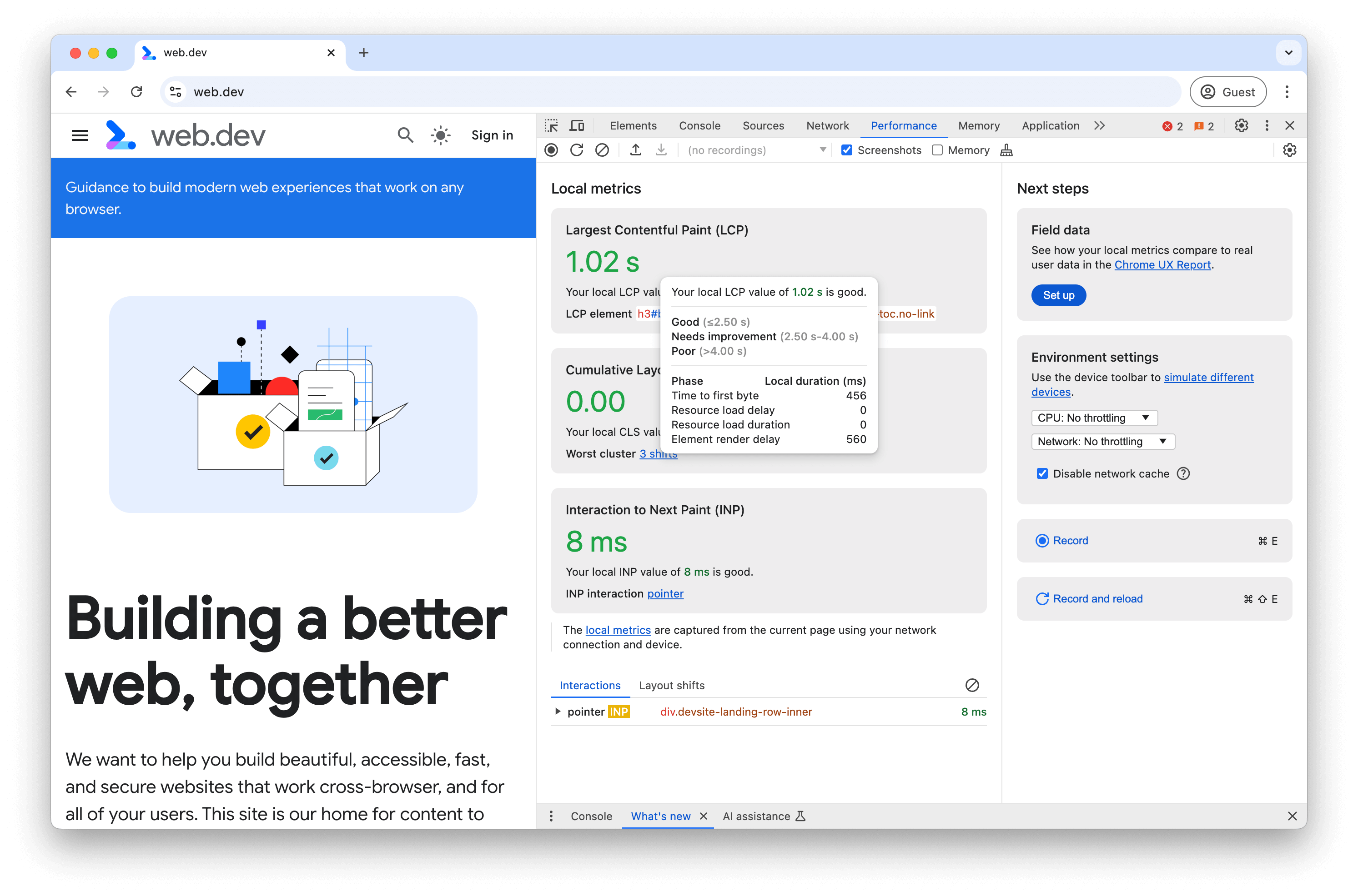 Widok danych na żywo na panelu Wydajność w&nbsp;Narzędziach deweloperskich w&nbsp;Chrome
