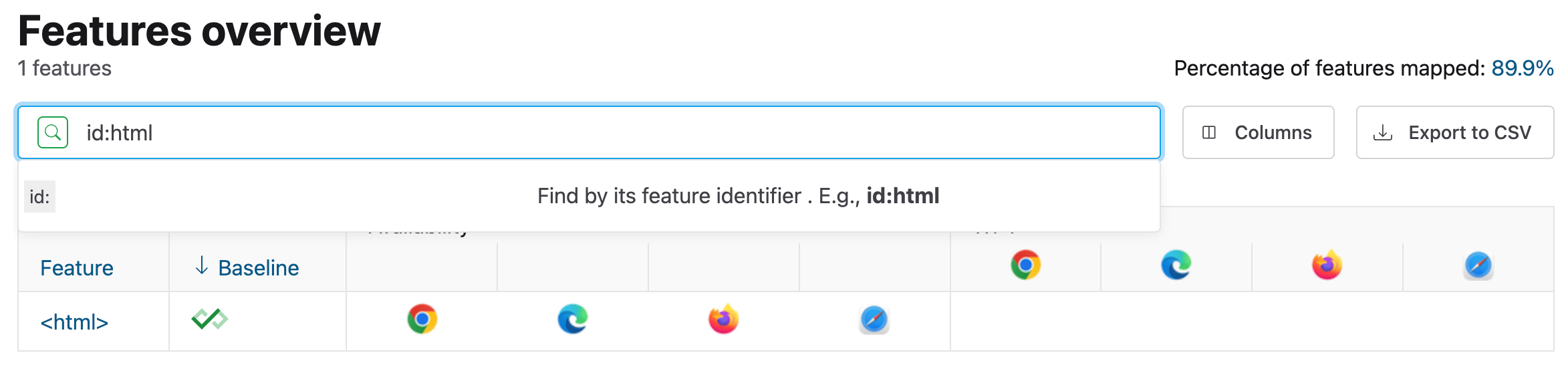 Web プラットフォームのステータス ダッシュボード。id パラメータを使用して検索ボックスで機能別にサポートをクエリする方法を示しています。