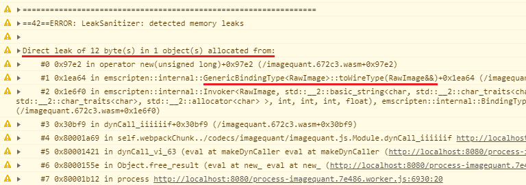 Screenshot di un messaggio che indica "Perdita diretta di 12 byte" proveniente da una funzione GenericBindingType RawImage ::toWireType