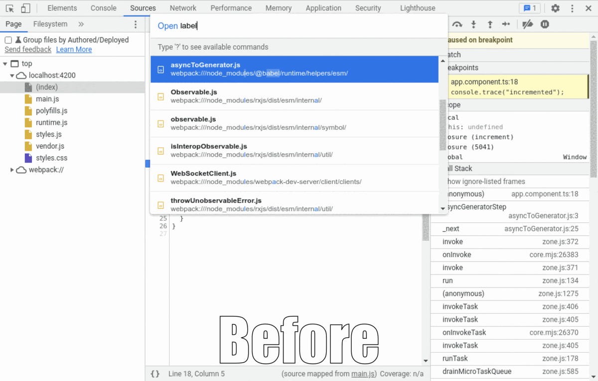 קובץ GIF מונפש שמציג את DevTools לפני ואחרי. שימו לב שבתמונה שלאחר השינוי, DevTools מציג את הקוד שנכתב על ידי המחבר בעץ, לא מציע יותר אף אחד מקובצי המסגרת בתפריט 'פתיחה מהירה', ומציג בצד שמאל מעקב סטאק נקי יותר.