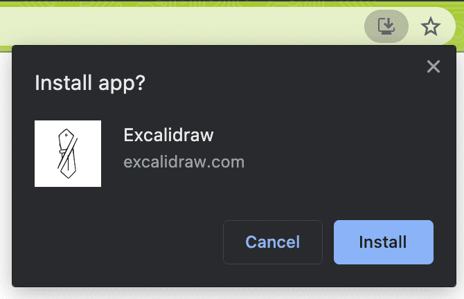 Excalidraw chiede all'utente di installare l'app in Chrome su macOS.