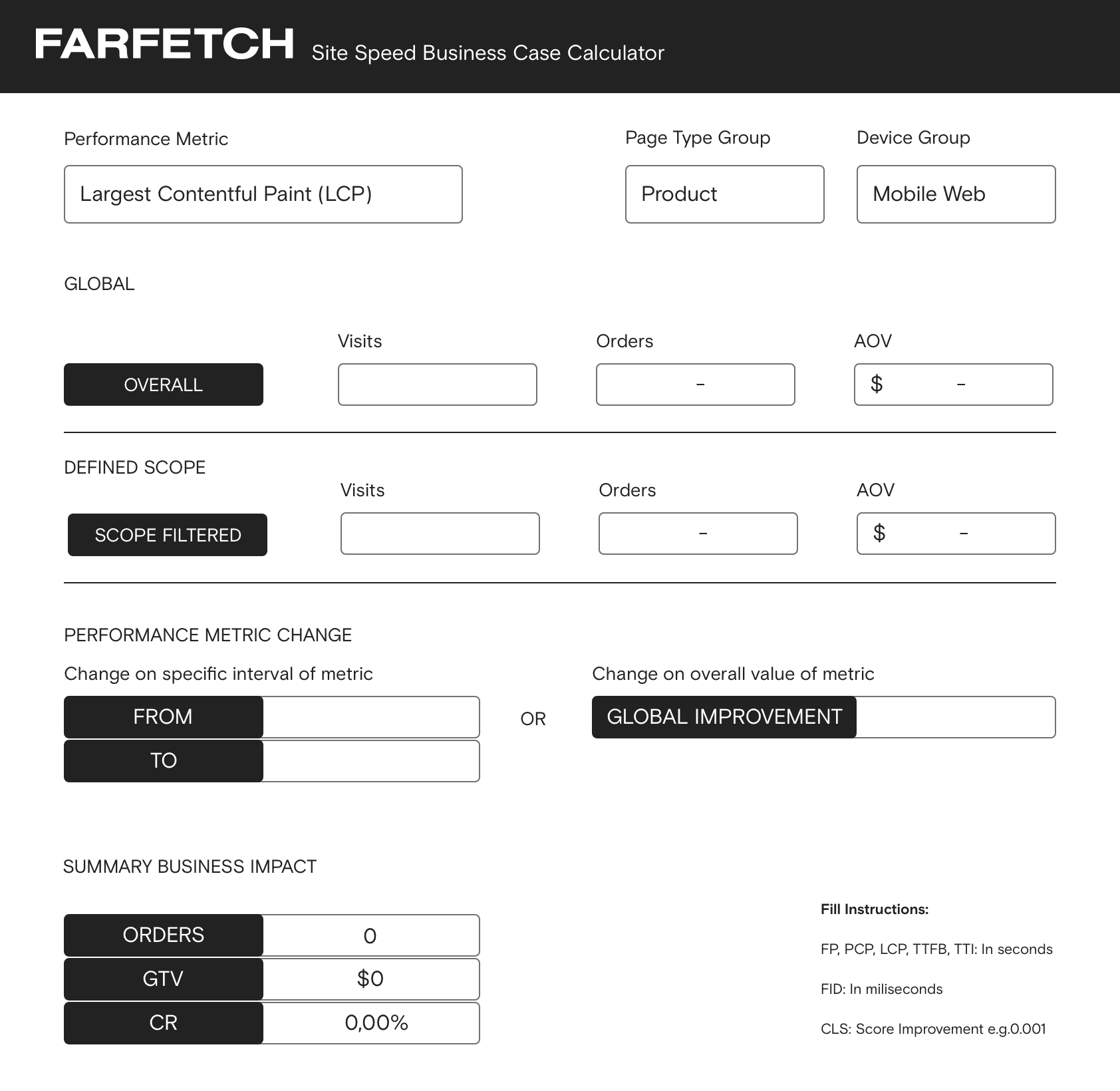 Captura de tela da calculadora de caso de uso de velocidade do site da Farfetch.