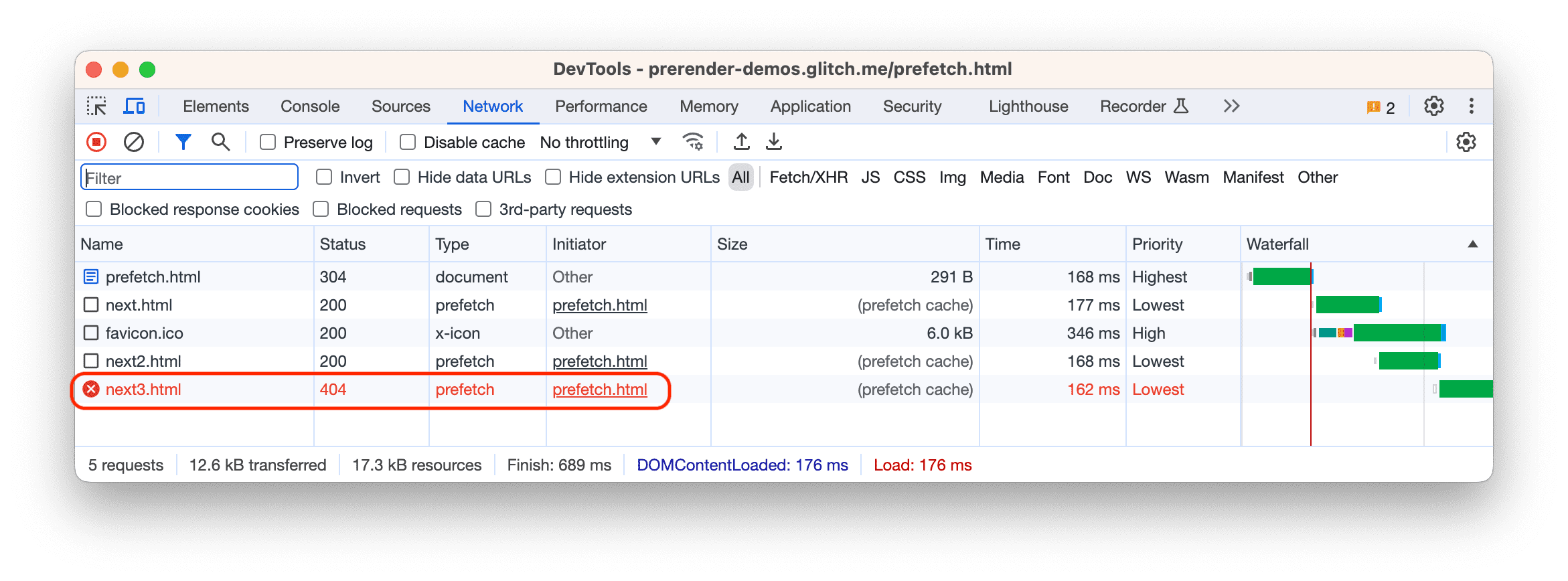 Chrome DevTools নেটওয়ার্ক প্যানেলে একটি ব্যর্থ প্রিফেচ দেখাচ্ছে