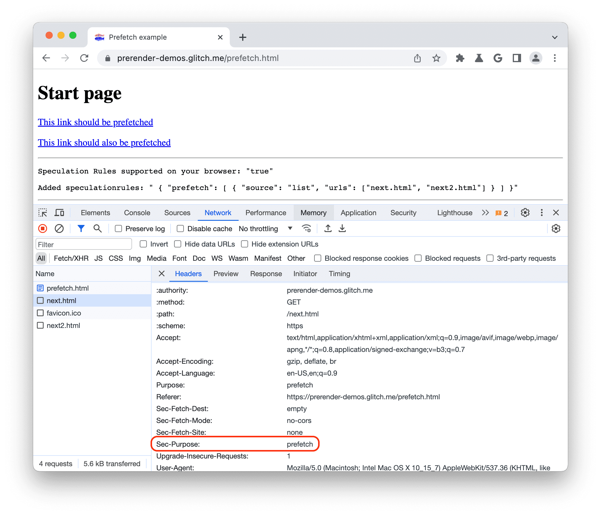 Cabeçalhos de pré-busca do Chrome DevTools com Sec-Purpose definido como "prefetch"