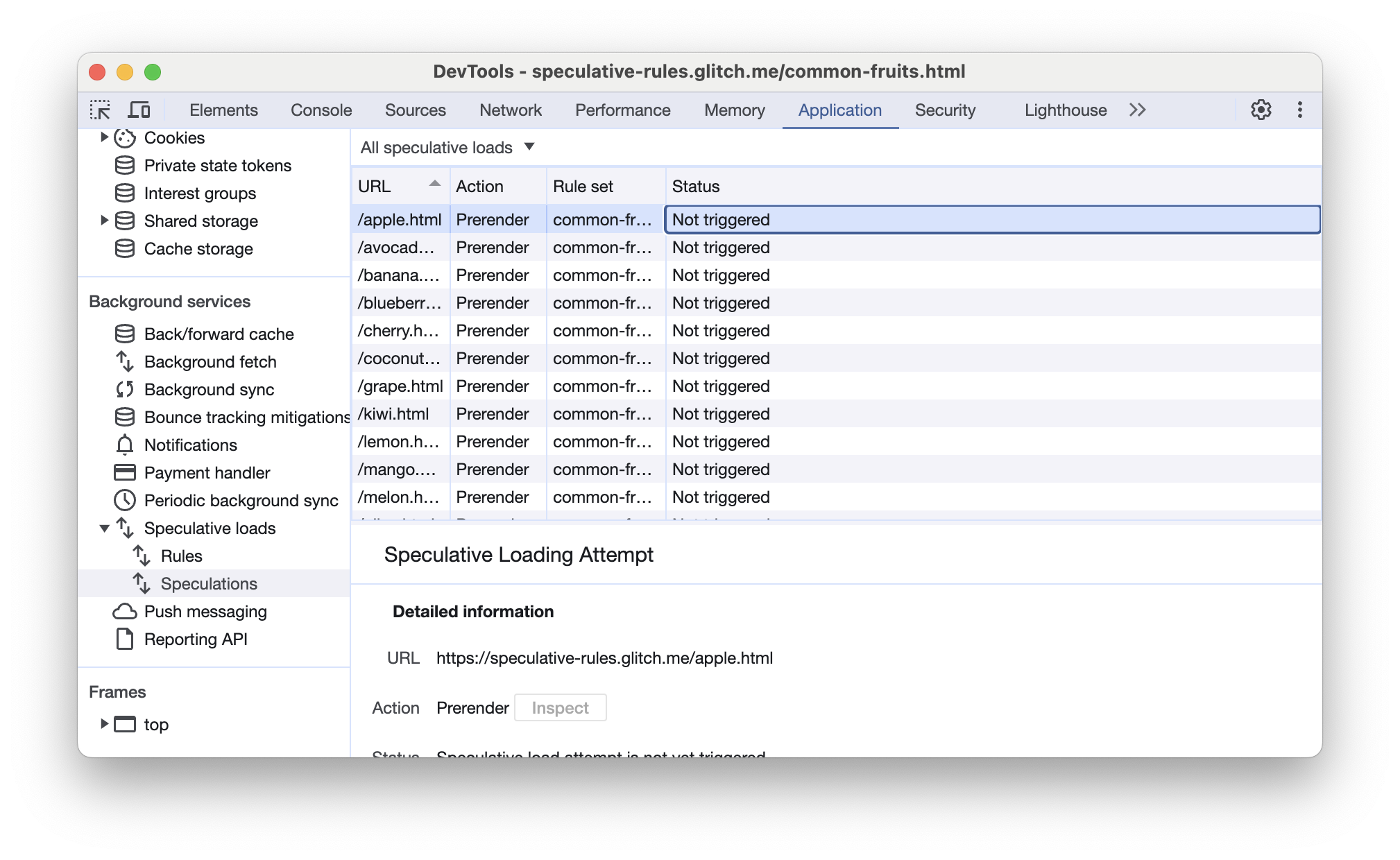 Der Tab „Speculations“ in den Chrome-Entwicklertools mit einer Reihe von URLs, die nicht ausgelöst wurden