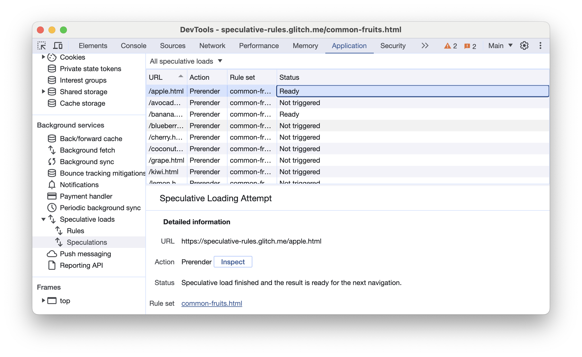 Der Tab „Speculations“ in den Chrome-Entwicklertools mit ausgelösten vorgerenderten Seiten
