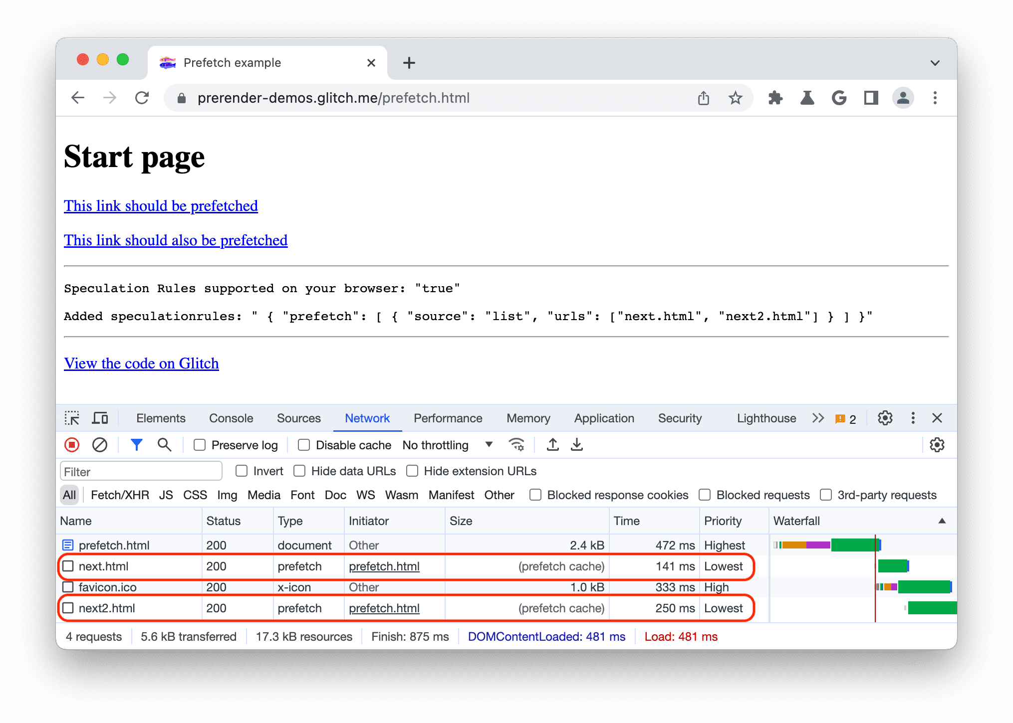Chrome Geliştirici Araçları'ndaki önceden getirilmiş dokümanları gösteren Ağ paneli