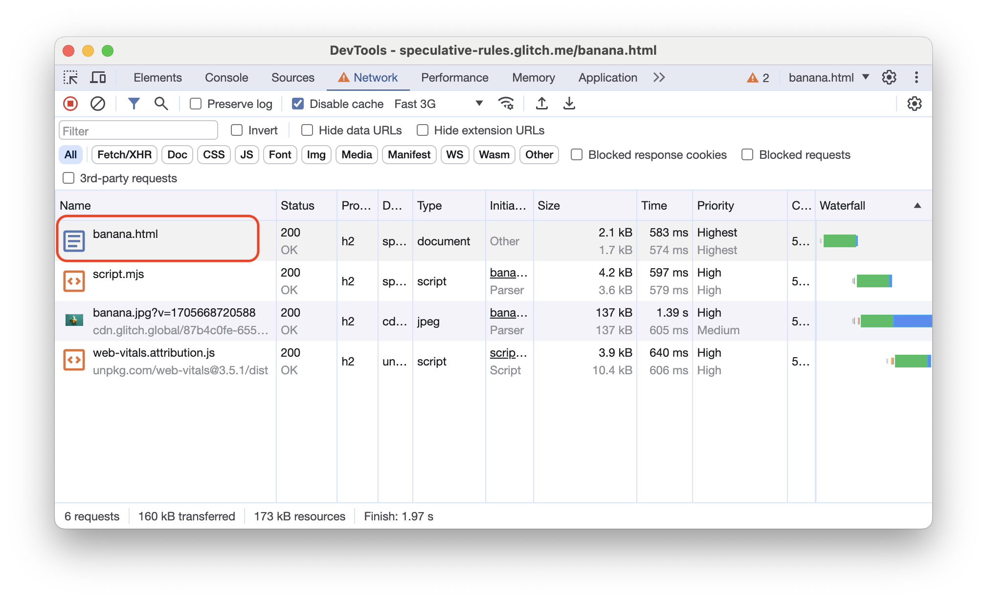 แผงเครือข่ายของเครื่องมือสำหรับนักพัฒนาเว็บใน Chrome แสดงคำขอเครือข่ายสำหรับหน้าเว็บที่แสดงตัวอย่างล่วงหน้า