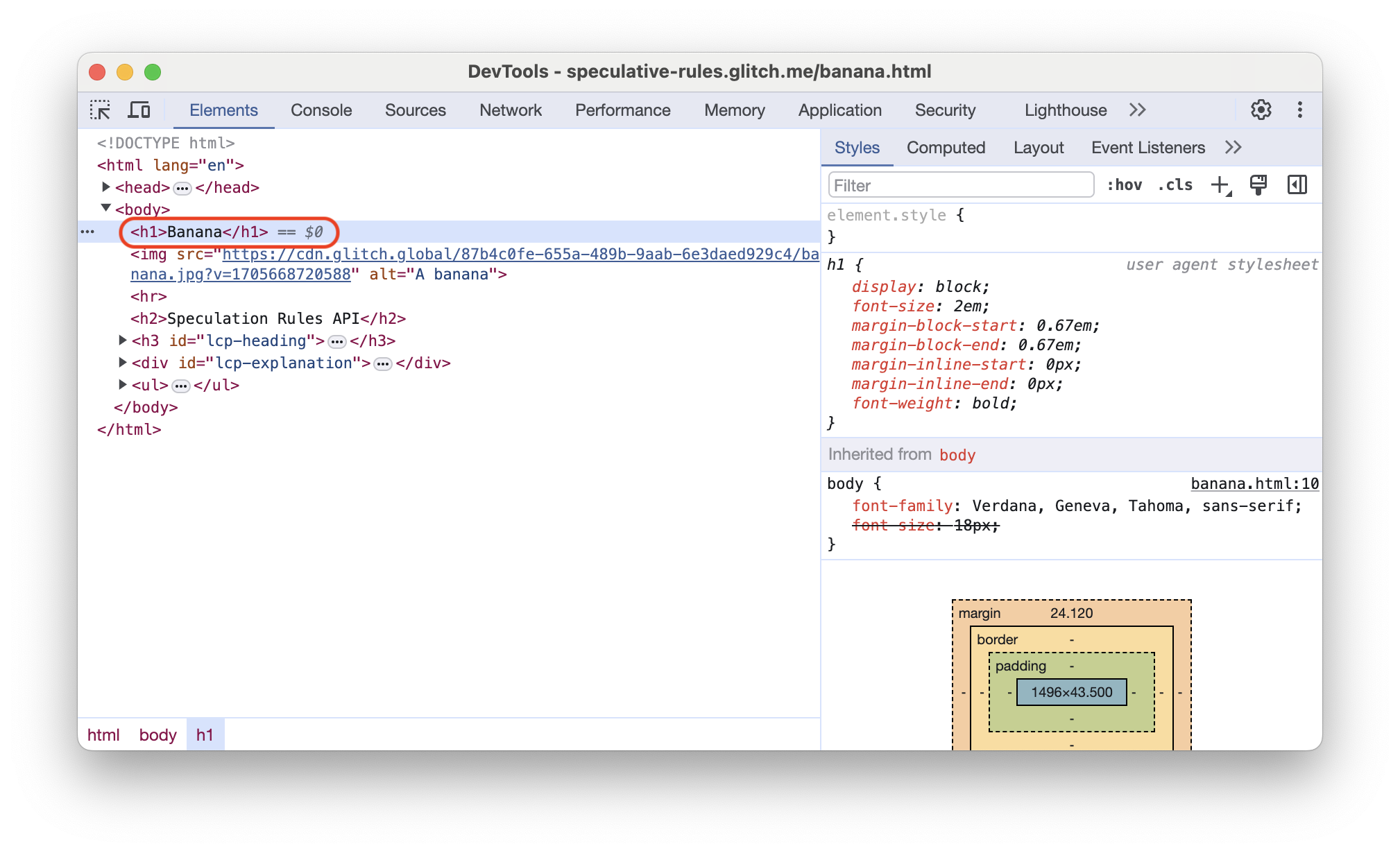 Painel "Elementos" do Chrome DevTools para a página pré-renderizada