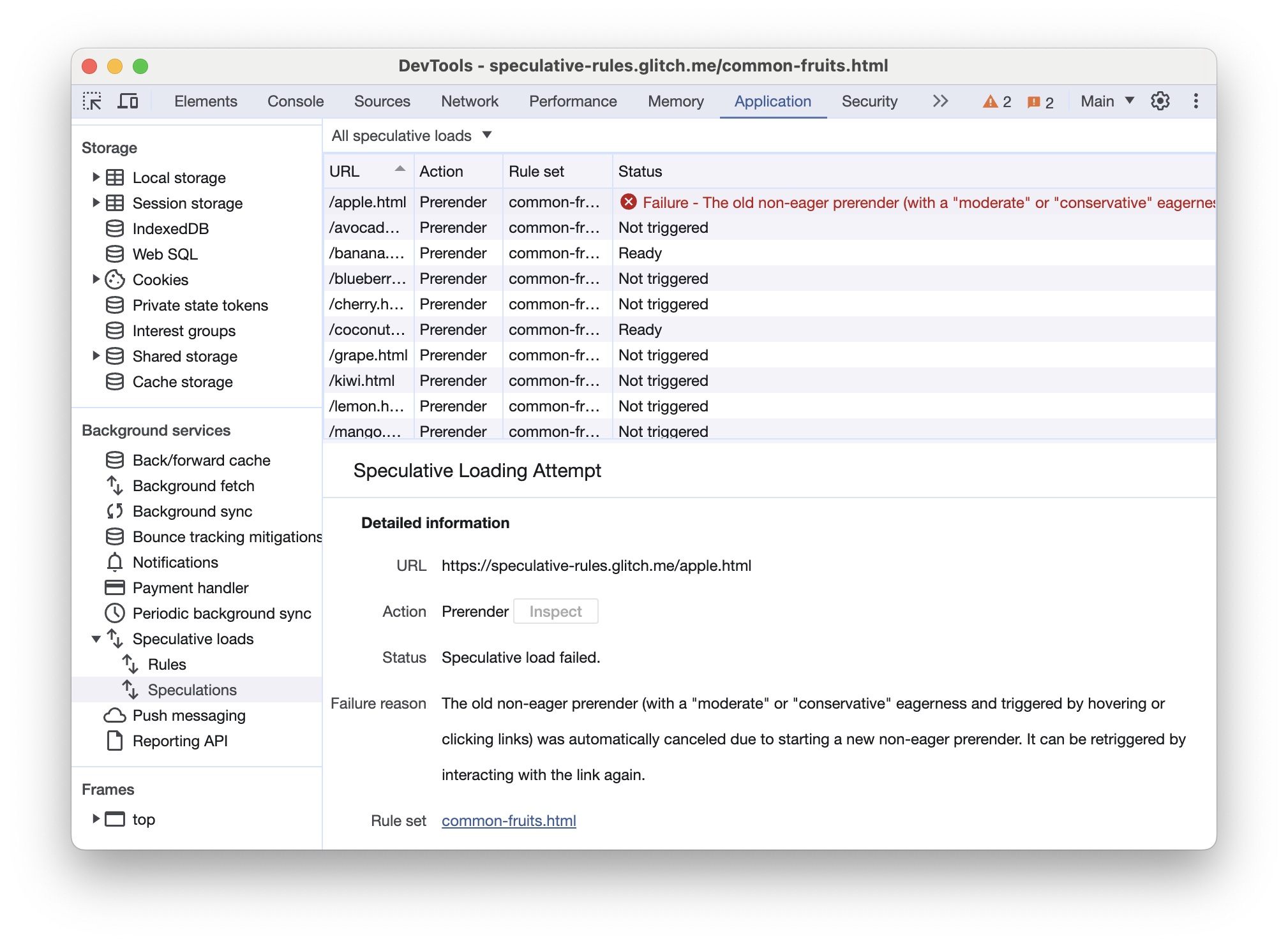 Guia "Speculations" do Chrome DevTools mostrando pré-carregamentos com falha